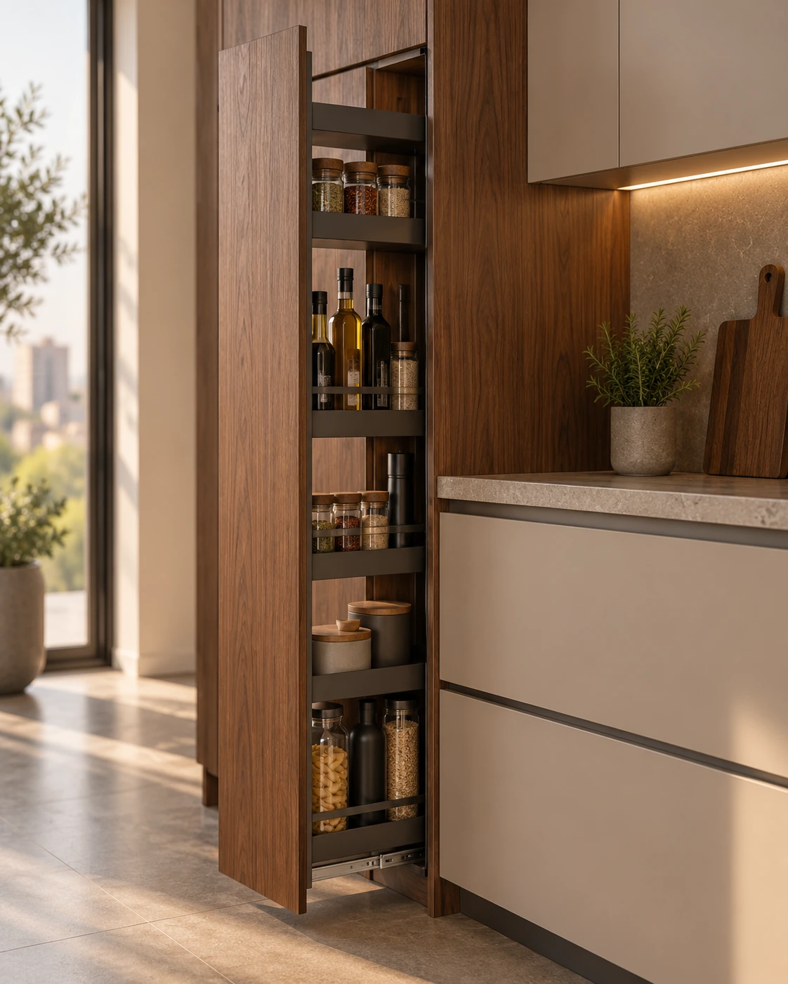 یونیت باریک کشویی مفهومی برای نگهداری ادویه و بطریها در کنار کابینت